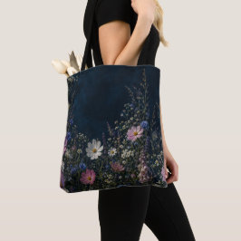 Bolsa Tote Saca de Jardim Noturno Floral Escuro de Flor Silve