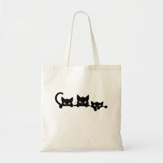 Bolsa Tote Saca de Lona com Arte de Linha de Gatos Pretos Min