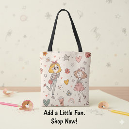 Bolsa Tote Saca de Mão com Estampa de Meninas Fofas