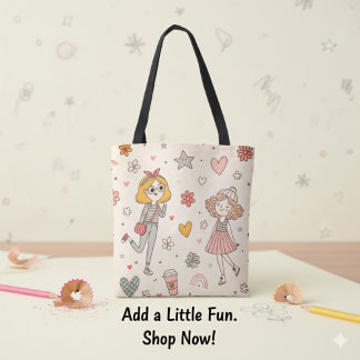 Bolsa Tote Saca de Mão com Estampa de Meninas Fofas