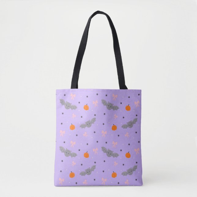 Bolsa Tote Saca de mão com padrão de morcego roxo de Hallowee (Frente)