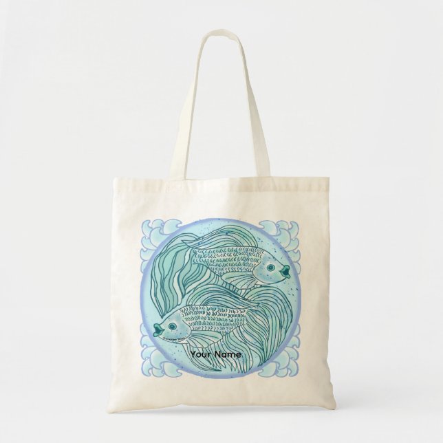 Bolsa Tote Saca de mão de peixe Koi Azul (Frente)