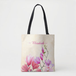 Bolsa Tote Saca de mão em água-marinha rosa Magnólia em aquar