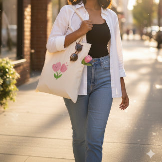 Bolsa Tote Saca de mão Flor de Tulipa Rosa Feliz Face Cute