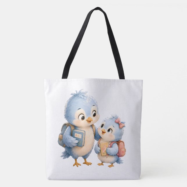 Bolsa Tote Saca de mão preta com irmãos de pássaros fofos (Frente)