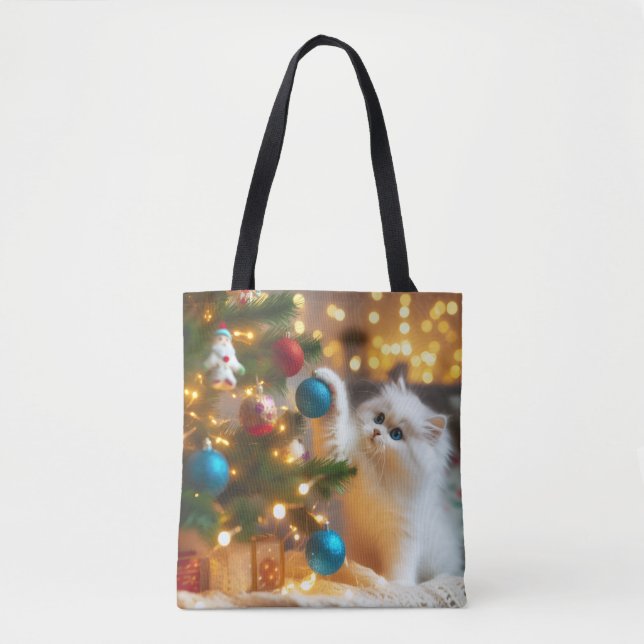 Bolsa Tote Saca de Natal de Gato Fofa (Frente)