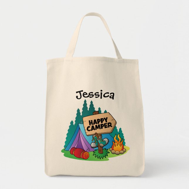 Bolsa Tote Saca de orçamento Feliz Acampador (Frente)