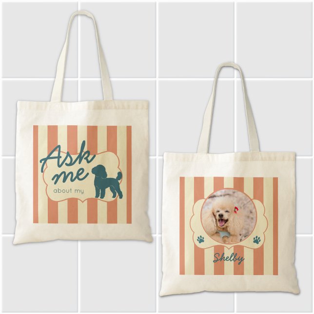 Bolsa Tote Saca Foto de Poodle Personalizada com Listras de T (Criador carregado)