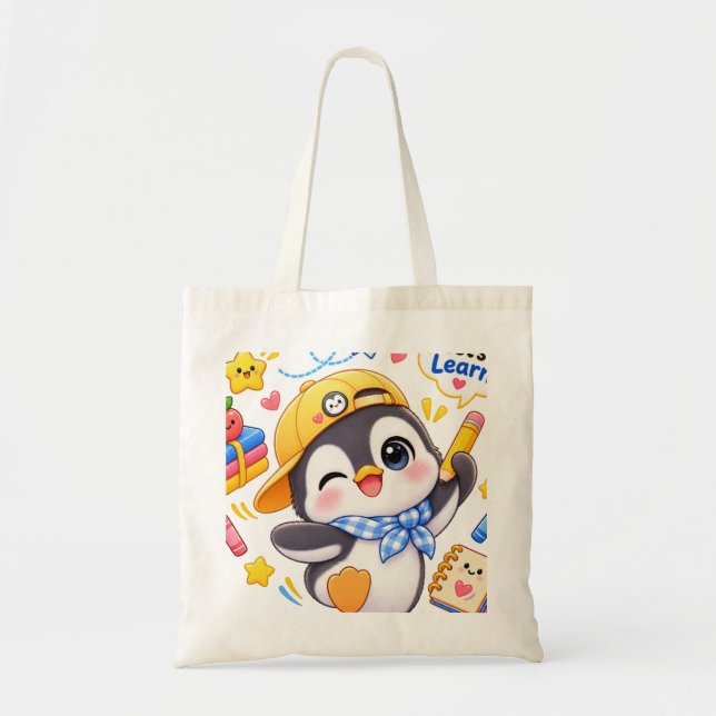 Bolsa Tote Saca Kawaii de Pinguim Vamos Aprender de Volta à E (Frente)