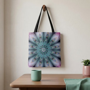 Bolsa Tote Saca Mandala de Flores Rosa e Verde