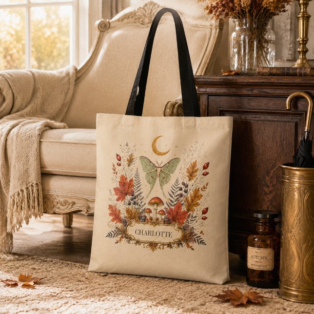 Bolsa Tote Saca Personalizado de Outono com Mariposa Luna e B (Personalized Autumn Luna Moth Witchy Botanical Tot Tote Bag)
