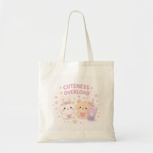 Bolsa Tote Saca Tote Kawaii Fofa com Coelho & Urso (Frente)