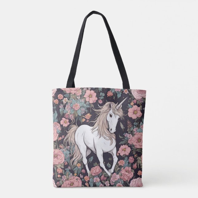 Bolsa Tote Saca Unicórnio Animal Mitológico Flores (Verso)