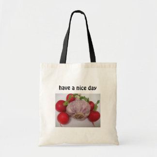 Bolsa Tote Saco alho com texto: "Tenha um bom dia*