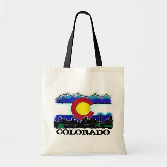Bolsa Tote Saco artística da skyline de Denver da bandeira de (Frente)