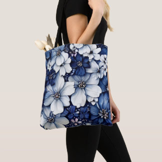 Bolsa Tote Saco azul 3d de flores para mulheres e raparigas