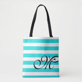 Bolsa Tote Saco Azul-Aqua Azul-Praia do Monograma e Stripes