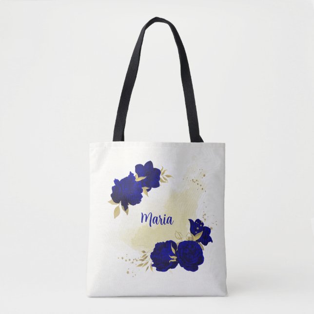 Bolsa Tote saco azul-real de ouro floral (Frente)
