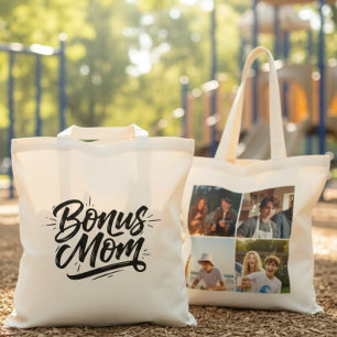 Bolsa Tote Saco Bonus Mãe Script Pincel Quatro Fotos Preto e