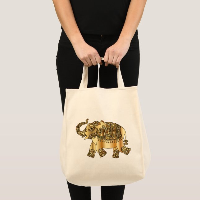 Bolsa Tote Saco branco com um elefante ouro (Frente (produto))