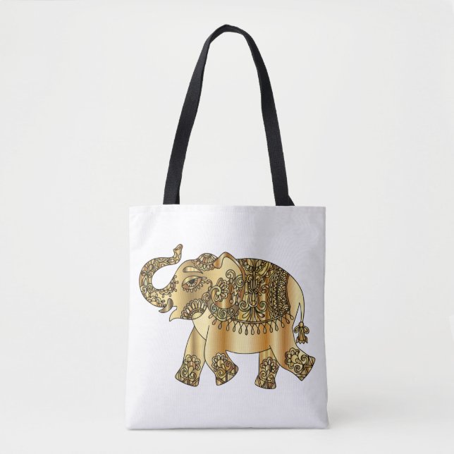 Bolsa Tote Saco branco com um elefante ouro (Frente)