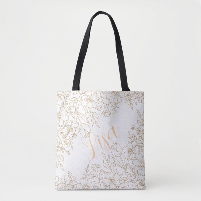 Bolsa Tote Saco branco personalizado - Floral Dourado (Frente)
