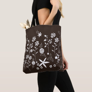 Bolsa Tote Saco castanho escuro com flores brancas