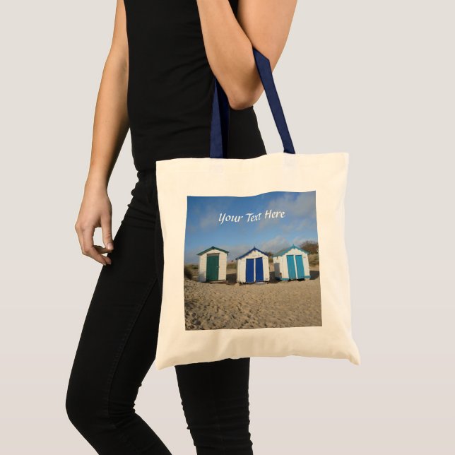 Bolsa Tote saco com cabanas de praia céu azul e mar inglês (Frente (produto))
