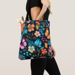 Bolsa Tote Saco com uma vibrante estampa floral e borboleta 