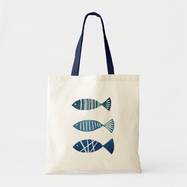 Bolsa Tote Saco Cream Tote com peixes azuis (Frente)