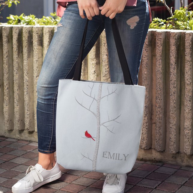 Bolsa Tote Saco da Árvore de Pássaro de inverno (Red Cardinal birch tree simple tote bag)