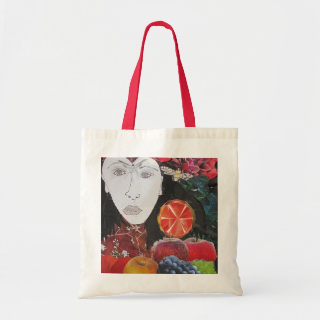 Bolsa Tote Saco da fruta, laranja, maçã, uvas, cara (Frente)