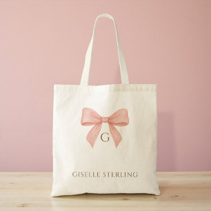 Bolsa Tote Saco de Água-forte Rosa Bege com Laço Monograma