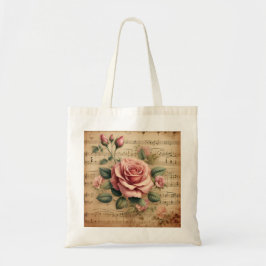 Bolsa Tote Saco de Algodão Tote Rosa Vintage e Partitura