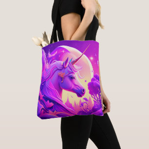 Bolsa Tote Saco de Arte de Unicórnio Rosa e Noite Púrpura