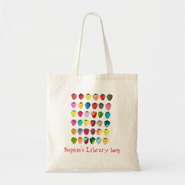 Bolsa Tote Saco de biblioteca de livros fofinhos de morango (Frente)