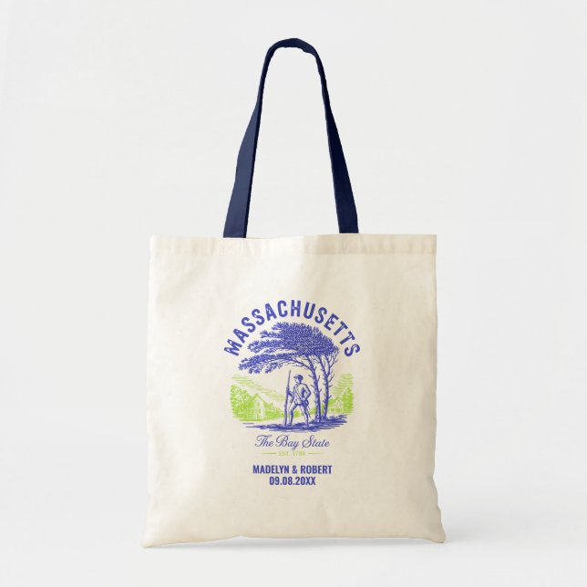 Bolsa Tote Saco de Boas-vindas de Casamento em Massachusetts, (Frente)