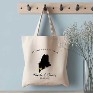 Bolsa Tote Saco de Boas-Vindas de Casamento Maine Mapa, Preto