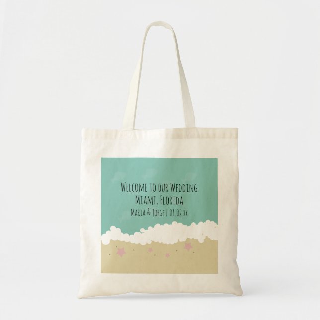 Bolsa Tote Saco de Boas-vindas Tema Praia Casamento (Frente)