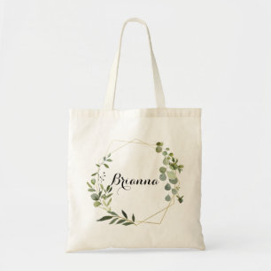 Bolsa Tote Saco de Branca Verde Tropical Geométrico Dourada