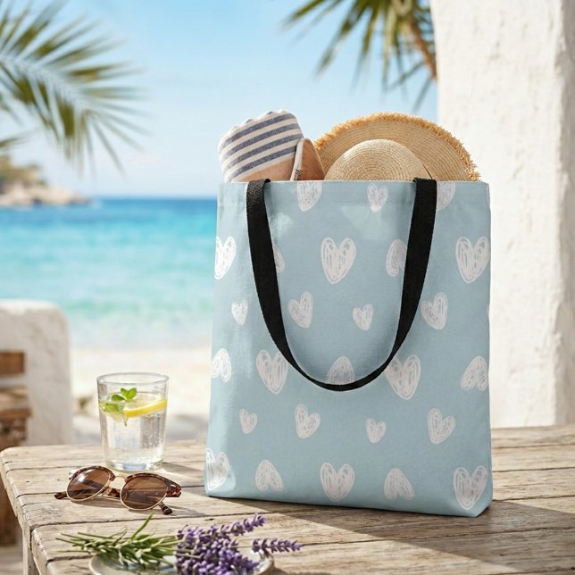 Bolsa Tote Saco de compras bonito, de corações brancos e azui (Criador carregado)