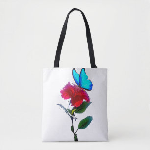Bolsa Tote Saco de Compras com Borboleta Azul Estética em Flo