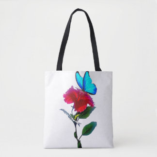Bolsa Tote Saco de Compras com Borboleta Azul Estética em Flo
