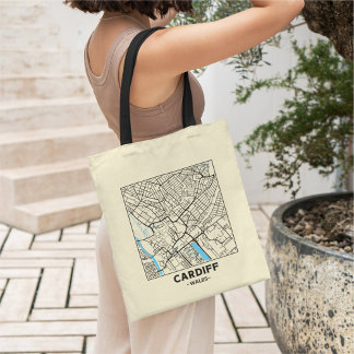Bolsa Tote Saco de compras com mapa da cidade de Cardiff, Paí