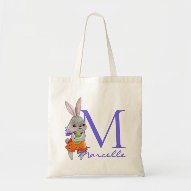 Bolsa Tote Saco de Compras com Nome e Inicial do Coelho da Pá (Frente)