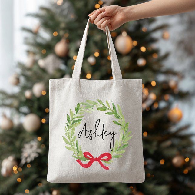 Bolsa Tote Saco de Compras com Nome Personalizado para Mulher (personalized christmas tote, custom holiday tote, christmas wreath bag, holiday gift for her,)