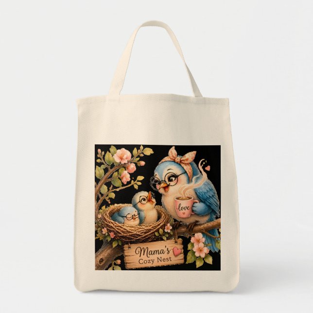 Bolsa Tote Saco de Compras da Mercearia Preta do Ninho Aconch (Frente)