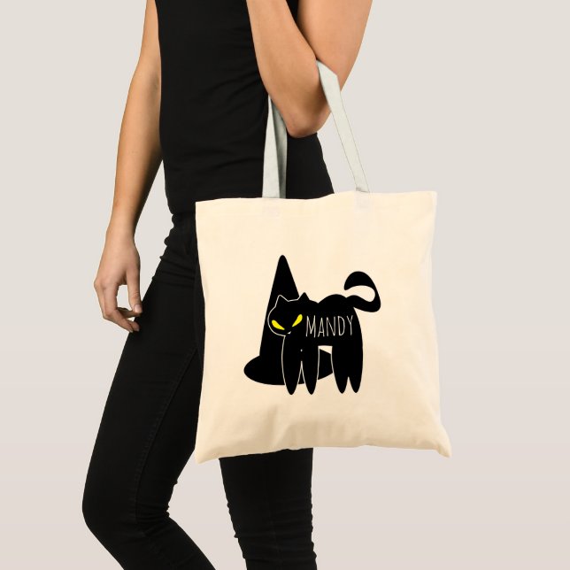 Bolsa Tote Saco de Compras de Doces de Gato Preto com Chapéu  (Frente (produto))