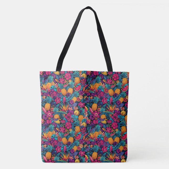 Bolsa Tote Saco de Compras de Flor de Fruta Tropical Neon - A (Frente)
