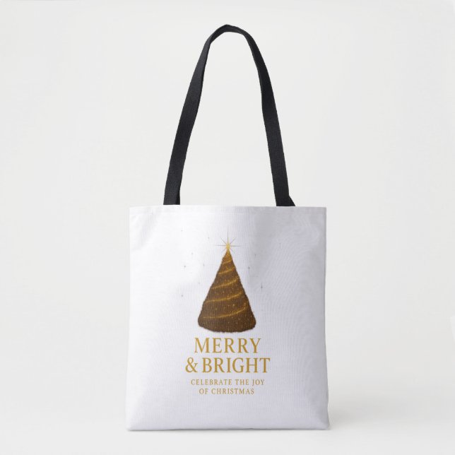 Bolsa Tote Saco de Compras de Natal em Dourado Alegre e Brilh (Frente)
